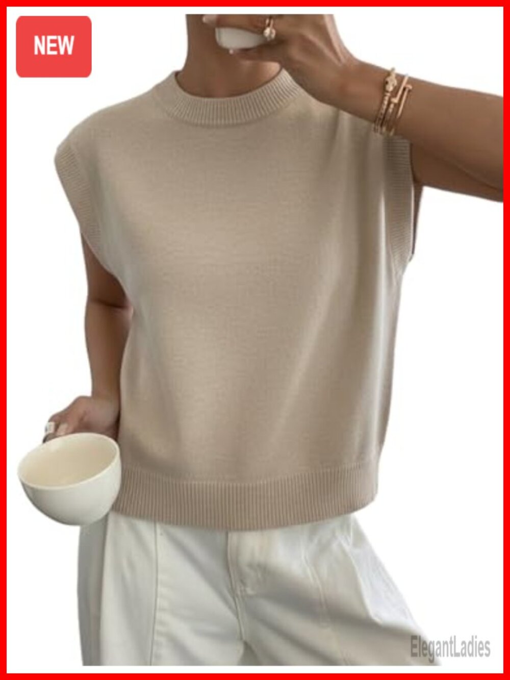 Womens Cap Sleeve Mock Neck Sweater Vest Loose Knit Pullover Top
